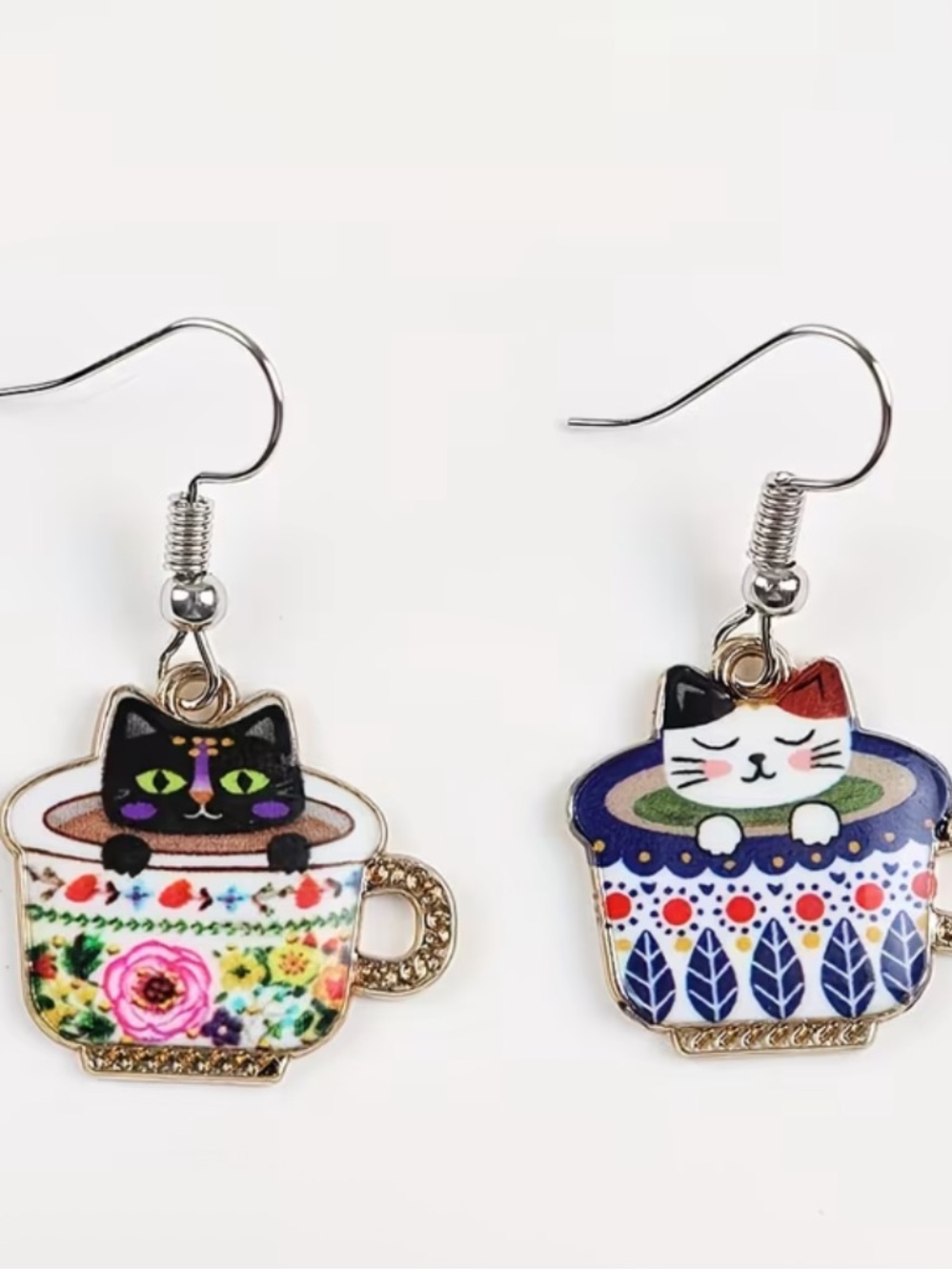 Deal‼️3 for $20‼️Cute Cat-in-Teacup Enamel Dangle Earrings - Multicolor